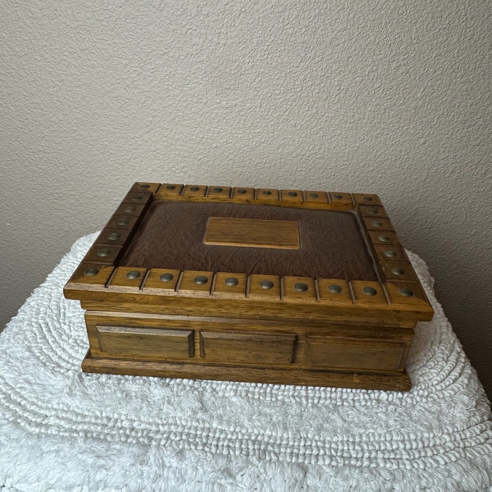 Vintage Wood Jewelry Box Brown Faux Leather Studded Valet Organizer MCM